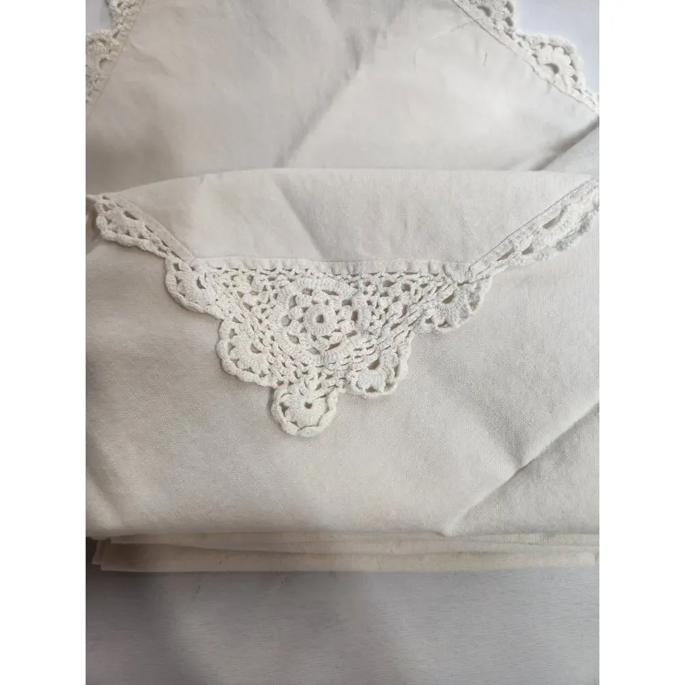 Vintage Set of 8 Linen Napkins with Hand Crocheted Lace Corners Cottagecore...